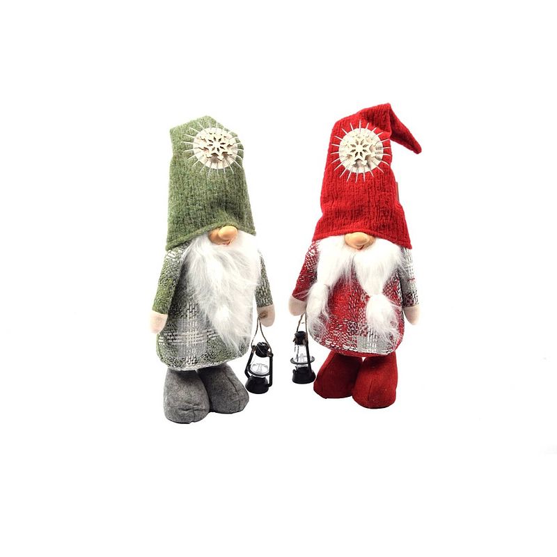 Foto van Set van 2 stuks gnome staand 50cm rood/groen kerst kabouter puntmuts gevuld met pluche kerstversiering