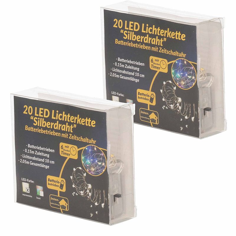 Foto van 2x draadverlichting zilver met gekleurde led lampjes 2 meter op batterijen met timer - lichtsnoeren