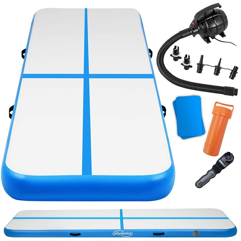 Foto van Opblaasbare pvc gym mat, blauw, 6 meter, met elektrische luchtpomp, gymnastiekmat, trainingsmat, fitnessmat