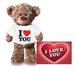 Foto van Valentijnskaart en knuffelbeer 24 cm met i love you shirt - knuffelberen