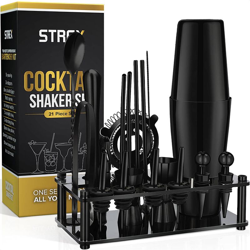 Foto van Strex cocktail set zwart rvs 21 delig (750ml) - incl. nl receptenboek - cocktail shaker - cadeauverpakking