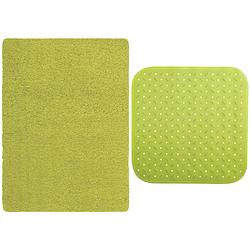 Foto van Msv douche anti-slip mat en droogloop mat - venice badkamer set - rubber/microvezel - limegroen - badmatjes