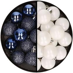 Foto van 36x stuks kunststof kerstballen donkerblauw en wit 3 en 4 cm - kerstbal