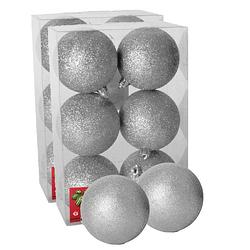 Foto van 12x stuks kerstballen zilver glitters kunststof 8 cm - kerstbal