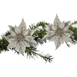 Foto van 2x stuks kerstboom bloemen kerstster champagne glitter op clip 18 cm - kunstbloemen