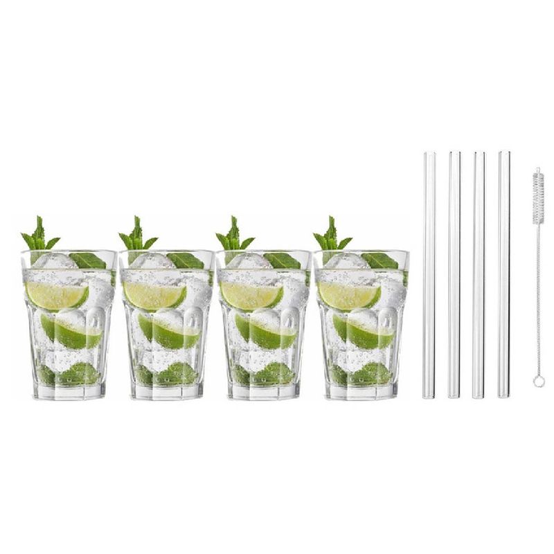 Foto van 4x cocktailglazen / mojito glazen transparant 410 ml met glazen rietjes - cocktailglazen