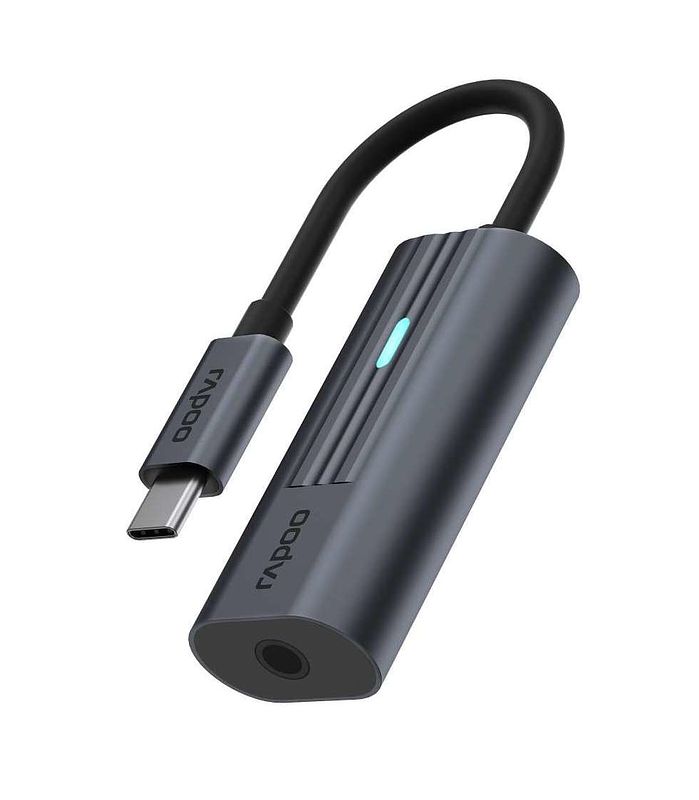 Foto van Rapoo usb-c adapter, usb-c naar 3,5 mm audio, grijs desktop accessoire zwart