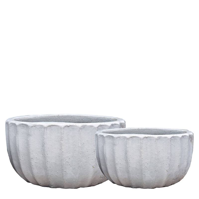 Foto van Ptmd rae white ceramic pot ribbed round set of 2