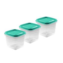 Foto van 3x voedsel plastic bewaarbakjes 0,3 liter transparant/groen 9 x 9 x 11 cm - vershoudbakjes