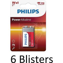 Foto van 6 stuks (6 blisters a 1 st) philips power alkaline batterij 9v