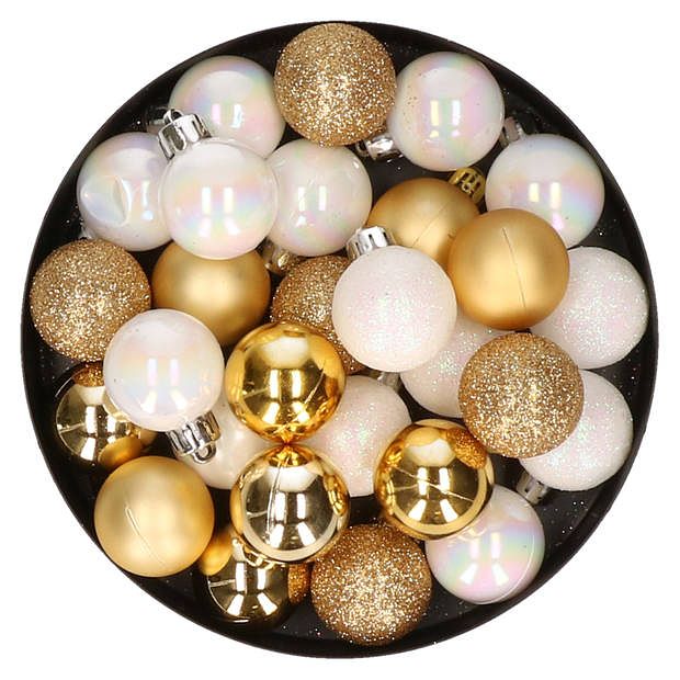 Foto van 28x stuks kunststof kerstballen parelmoer wit en goud mix 3 cm - kerstbal