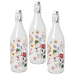 Foto van 6x glazen beugelflessen/weckflessen bloemenprint met beugeldop 1 liter - decoratieve flessen