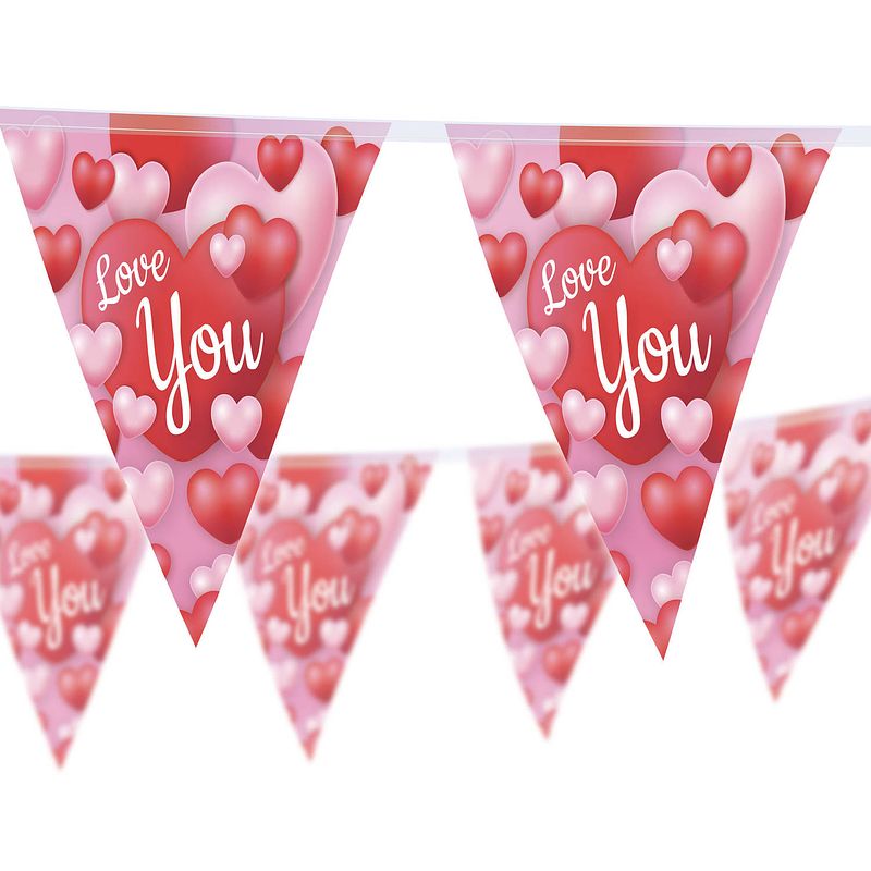 Foto van Funny fashion love you/liefde/valentijn/bruiloft thema feestslinger vlaggenlijn - 3x - hartjes print - 500 cm - plastic