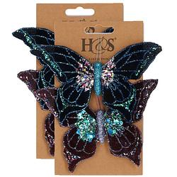 Foto van 4x stuks kunststof decoratie vlinders op clip paars en blauw 10 x 15 cm - kunstbloemen