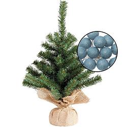 Foto van Mini kunst kerstboom groen met verlichting - in jute zak - h45 cm - blauw - kunstkerstboom