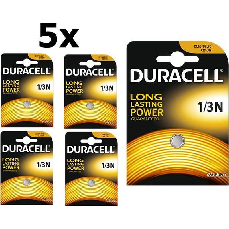 Foto van 5 stuks duracell cr1/3 / 1/3n / 2l76 / dl1/3n / cr11108 / 2lr76 3v lithium knoopcel batterij