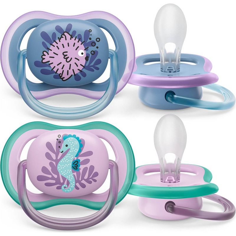 Foto van Philips avent ultra air fopspeen - 6 tot 18 maanden - 2 speentjes - blauw/roze vis/zeepaard