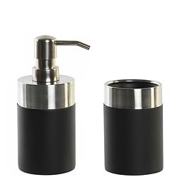 Foto van Badkamer accessoires setje drinkbeker en zeeppompje 17 cm zwart/zilver - zeeppompjes