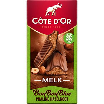 Foto van Cote d'sor bonbonbloc chocolade reep melk praline hazelnoot 200g bij jumbo