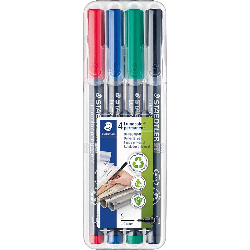 Foto van Staedtler lumocoler 313, ohp-marker, permanent, 0,4 mm, etui van 4 stuks in geassorteerde kleuren 10 stuks