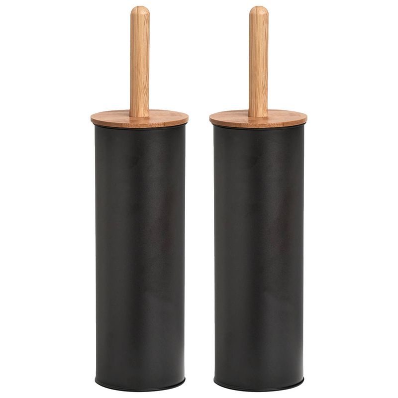 Foto van 2x stuks wc/toiletborstel in houder metaal/bamboe hout - zwart - 38 x 10 cm - toiletborstels
