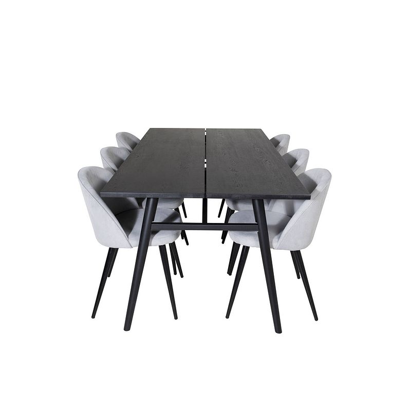 Foto van Sleek eethoek eetkamertafel uitschuifbare tafel lengte cm 195 / 280 zwart en 6 velvet eetkamerstal fluweel lichtgrijs,