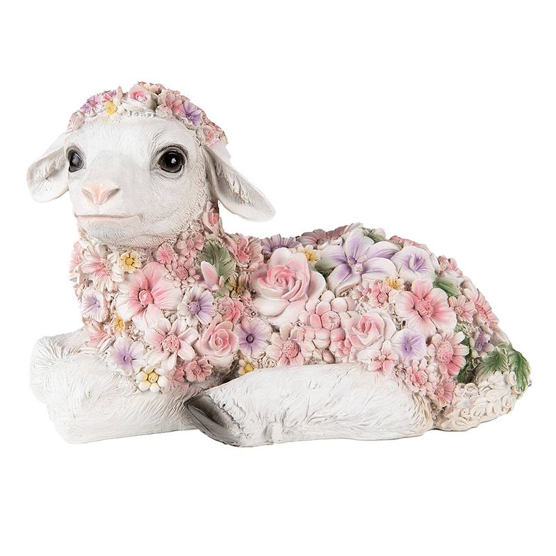 Foto van Clayre & eef beeld schaap 25x13x16 cm roze polyresin bloemen woonaccessoires roze woonaccessoires