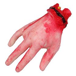 Foto van Halloween/horror nep afgehakte lichaamsdelen - bebloede hand - 22 x 12 cm - decoraties - feestdecoratievoorwerp