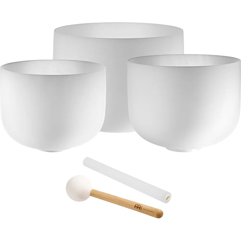 Foto van Meinl sonic energy white frosted crystal singing bowl klankschalen set (a4, f4, c4)