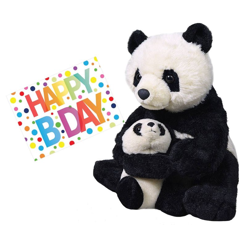 Foto van Pluche knuffel panda beer met baby 38 cm met a5-size happy birthday wenskaart - knuffeldier