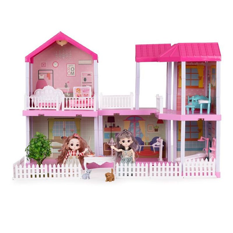 Foto van Ecotoys 156-delig opvouwbaar poppenhuis met meubels, poppen en led lamp 68.8 x 39.5 x 51.5 cm roze