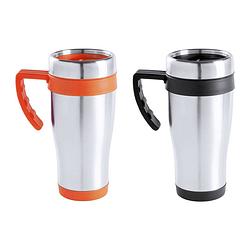 Foto van Warmhoudbekers/thermos isoleer koffiebekers/mokken - 2x stuks - rvs - zwart en oranje - 450 ml - thermosbeker
