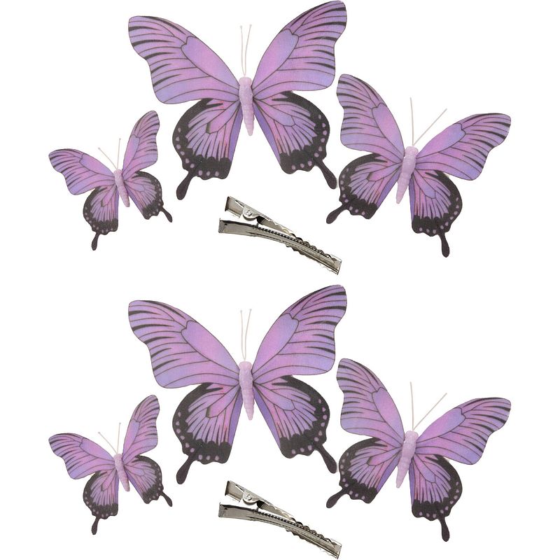 Foto van 6x stuks decoratie vlinders op clip - paars - 3 formaten - 12/16/20 cm - hobbydecoratieobject