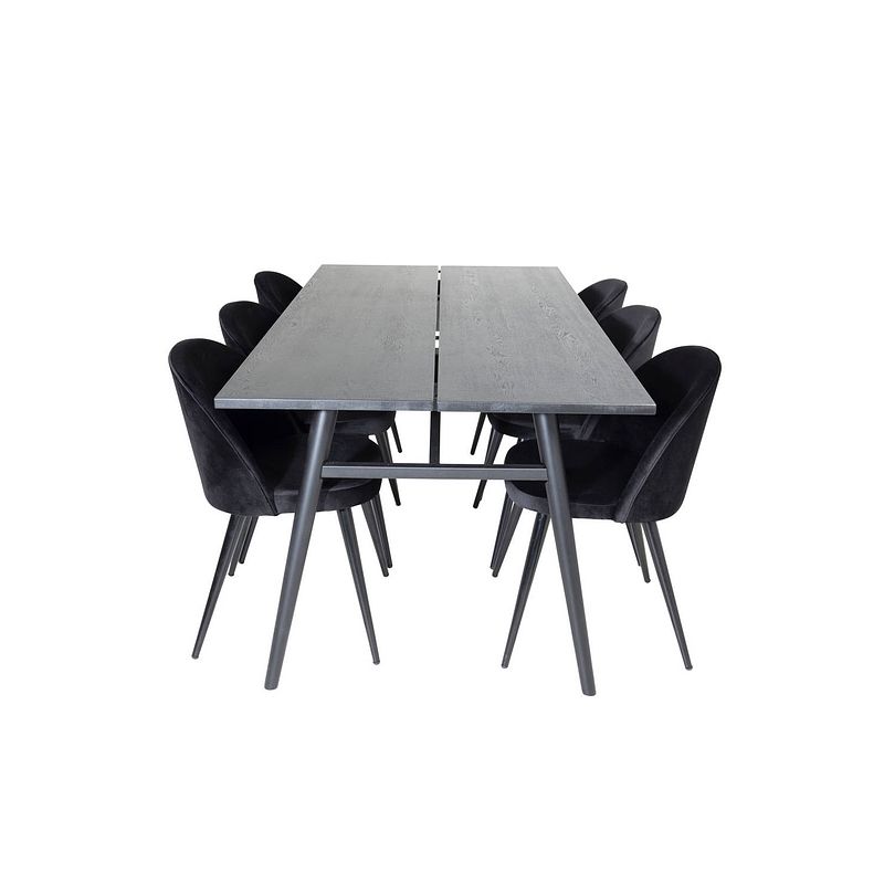 Foto van Sleek eethoek eetkamertafel uitschuifbare tafel lengte cm 195 / 280 zwart en 6 velvet eetkamerstal velours zwart.