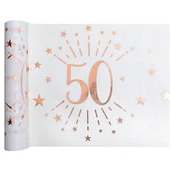 Foto van Tafelloper op rol - 2x - 50 jaar verjaardag - wit/rose goud - 30 x 500 cm - polyester - feesttafelkleden