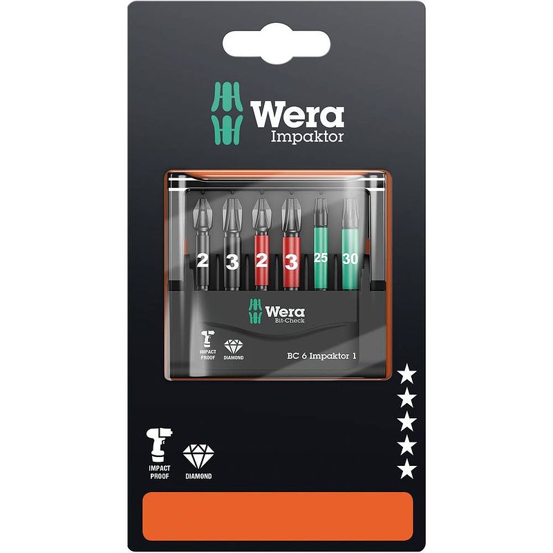 Foto van Wera mini-check imp dc 50 mm ph/pz/tx 05073890001 bitset 6-delig kruiskop phillips, kruiskop pozidriv, binnen-torx impactor technologie