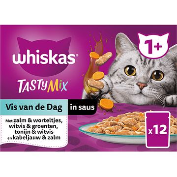 Foto van Whiskas 1+ natvoer tasty mix vis in saus maaltijdzakjes 12 x 85g bij jumbo