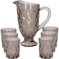 Foto van Excellent houseware karaf/schenkkan set 1 liter met 6 drinkglazen 250 ml grijs glas - drinkglazen