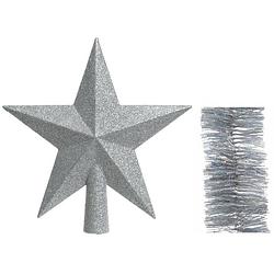 Foto van Kerstversiering kunststof glitter ster piek 19 cm en glitter slingers pakket zilver van 3x stuks - kerstboompieken