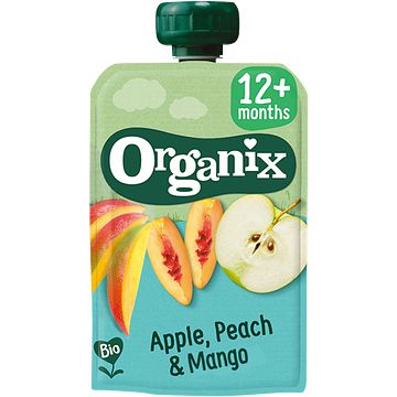 Foto van Organix biologische babyvoeding fruitpuree apple, peach & mango 100g knijpzakje bij jumbo