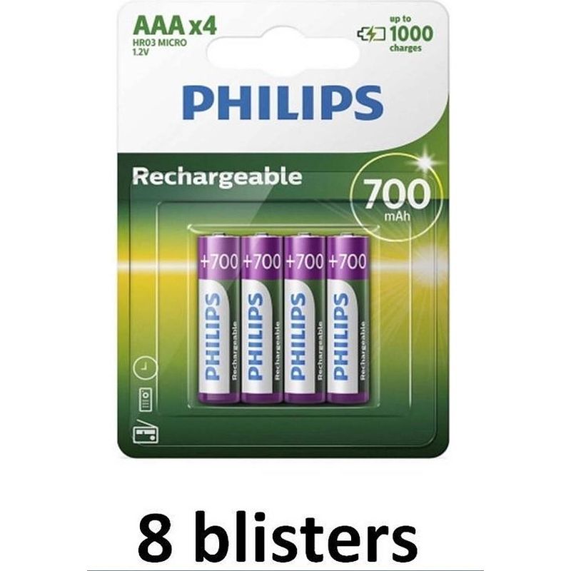 Foto van Philips aaa oplaadbare batterij - 700mah - 32 batterijen ( 8 blisters a 4 stuks)