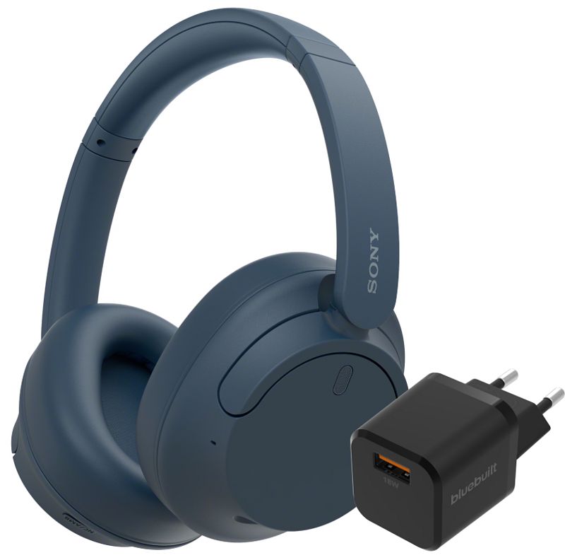 Foto van Sony wh-ch720n blauw + bluebuilt quick charge oplader met usb a poort 18w zwart