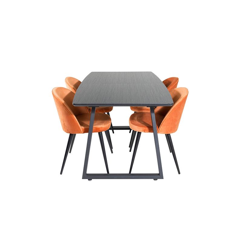 Foto van Incablbl eethoek eetkamertafel udtræksbord længde cm 160 / 200 zwart en 4 velvet eetkamerstal velours oranje, zwart.