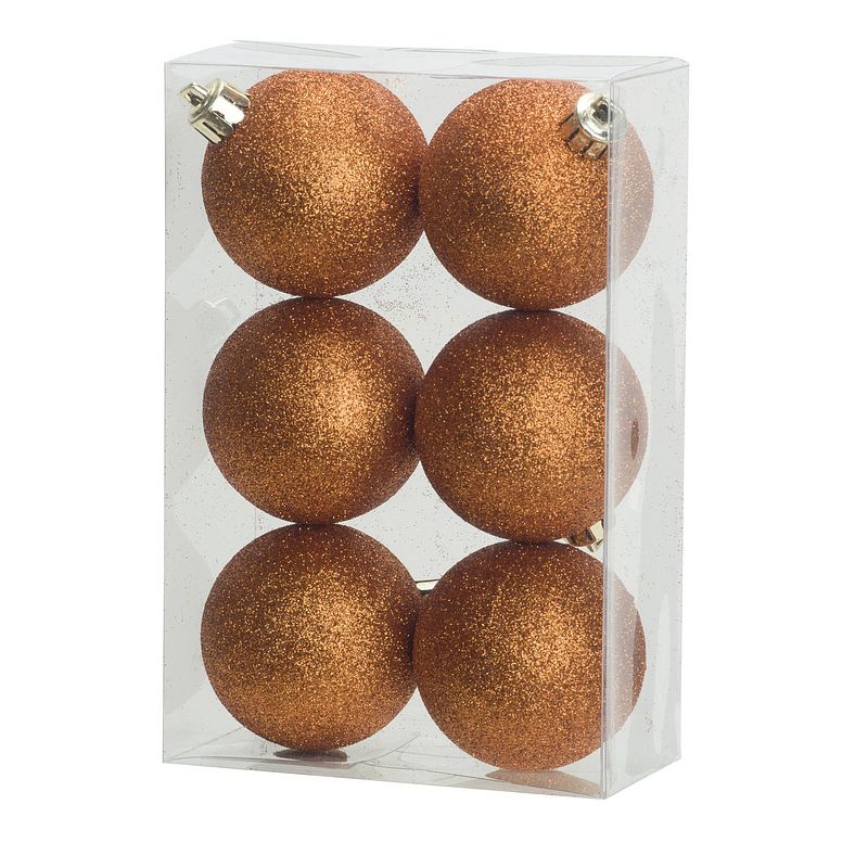 Foto van 6x stuks kunststof glitter kerstballen oranje 8 cm - kerstbal