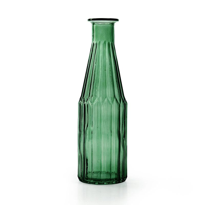 Foto van Jodeco bloemenvaas marseille - fles model - glas - groen - h25 x d7 cm - vazen