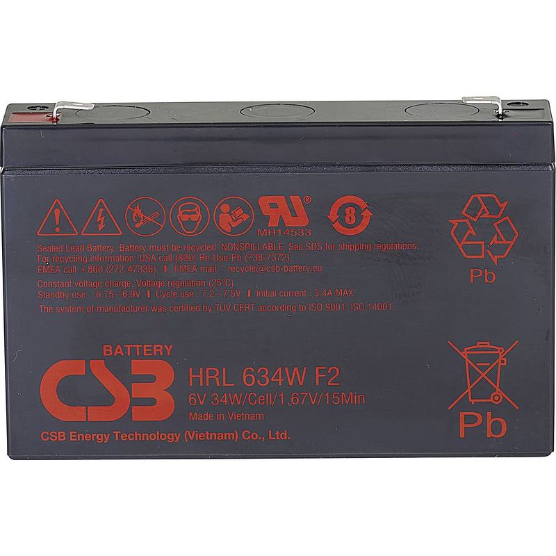 Foto van Csb battery hrl 634w high-rate longlife loodaccu 6 v 8.4 ah loodvlies (agm) (b x h x d) 151 x 99 x 34 mm kabelschoen 6.35 mm onderhoudsvrij, geringe