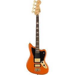 Foto van Fender mike kerr jaguar bass rw tiger'ss blood orange limited edition elektrische basgitaar met deluxe gigbag