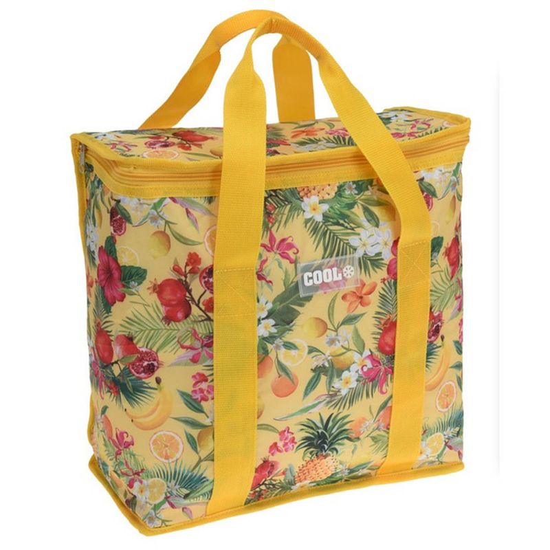 Foto van Medium size koeltas voor lunch tropical flowers geel/creme 34 x 16 x 36 cm 16 liter - koeltas