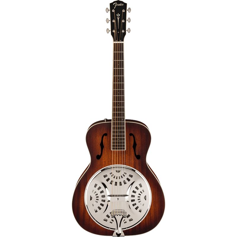 Foto van Fender pr-180e resonator aged cognac burst wn elektrisch-akoestische resonatorgitaar met koffer