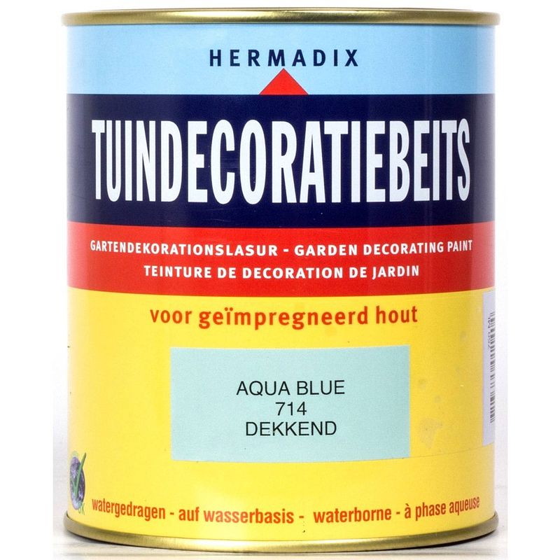 Foto van Hermadix - tuindecoratiebeits 714 aqua blue 750 ml